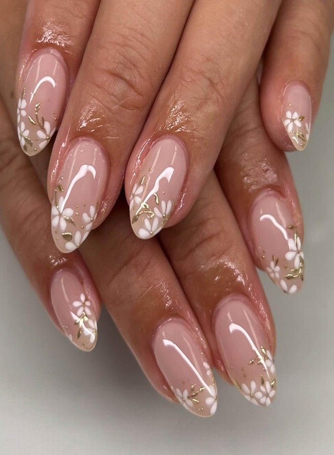 RikView Short Press on Nails Almond Fake Nails White & Pink Nails with Petal Design Glossy Full Cover Nails for Women 24 PCs/Set - Image 1